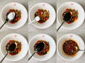 在碗中加入1勺白糖、少许盐、1勺生抽、1勺陈醋、1勺蚝油，搅拌均匀