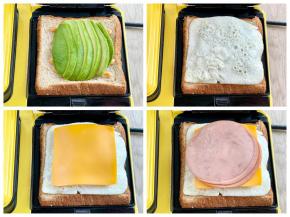 码上牛油果片，盖上煎蛋白，放上厚芝士片，再放上圆火腿片