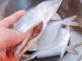 用剪刀在鱼嘴下面的上腹部剪开，取出内脏清洗干净