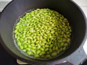锅中烧开半锅水，滴几滴油，加一点点盐，放入毛豆焯水30秒迅速捞出过凉。