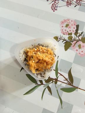 再放入孩子们爱吃的海苔肉松！（也可以换成孩子们爱吃的蔬菜丁，火腿丁，青豆，玉米之类的！）