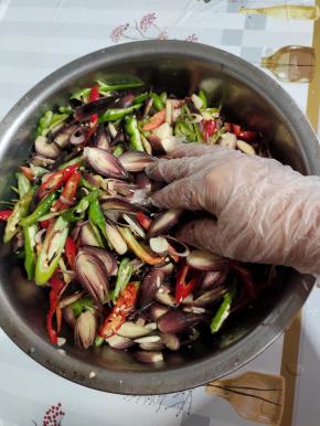 戴上硅胶手套，把所有的食材翻拌均匀！可以尝一下咸淡，再适量调整盐的用量！（吃起来咸咸的，香香的，但是不会发苦就好了！）