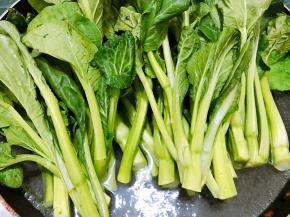 锅里烧水，水开后滴入几滴植物油，把菜心放入