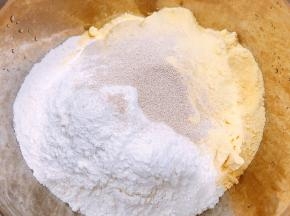 盆里加入细玉米粉，面粉，干酵母