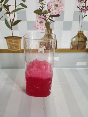 杯子里装入适量的火龙果冻，再加两勺煮好的西米！（西米的煮法前面有发帖，需要的可以去我的主页看看哦！）