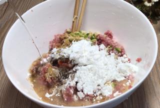 加入盐、胡椒粉、味精、十三香、生抽、蚝油、香油、淀粉、少许清水