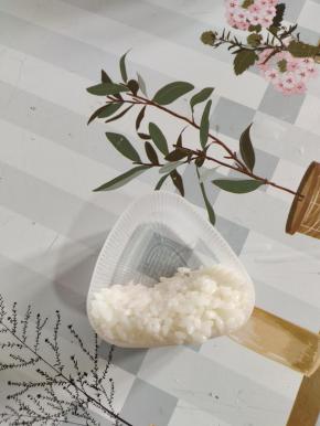 取适量的白色米饭，放在三角饭团模具底部三分之一出，按压紧实一些！