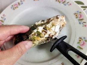 开生蚝有技巧！生蚝有一面鼓起来，有一面平面！平面朝上，它的主要衔接点就在这个位置，用刀尖把衔接点切段！