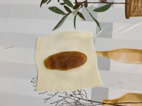 取适量的莲蓉馅儿放在饺子皮中间位置！按压一下！（也可以把莲蓉馅儿换成豆沙馅儿或者自己喜欢吃的素菜馅儿，肉馅儿！）