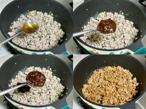 加入一勺料酒，一勺黄豆酱，一勺甜面酱，翻炒上色