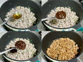 加入一勺料酒，一勺黄豆酱，一勺甜面酱，翻炒上色