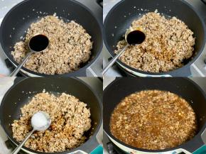 加一勺红烧酱油，一勺蚝油，加半勺白砂糖，翻炒均匀，加适量开水，煮10分钟