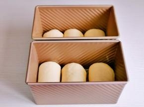 全部做好放入吐司盒中，入发酵箱进行二次发酵。（两个450克）