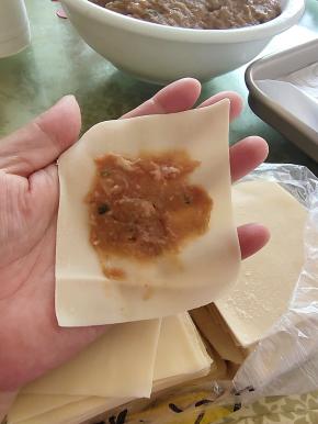 拿一张馄饨皮放在手中，取4~5克肉馅儿，用勺子把它摊平！