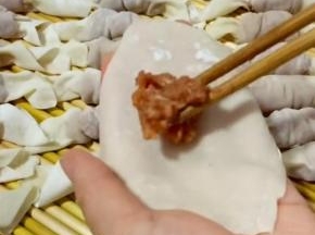 取一张馄饨皮，放入4~5克馄饨馅儿！