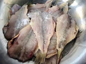 处理好的黄花鱼放入料酒、盐轻轻按摩一下煨制二十分钟左右入味