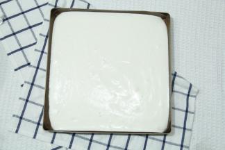 从20CM高处倒入垫好油布的28*28金盘中，晃平或者用刮板刮平，提起从高处振2下振出大气泡。