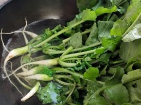 水烧开，先把萝卜缨的根部放在水中焯烫一分钟左右！