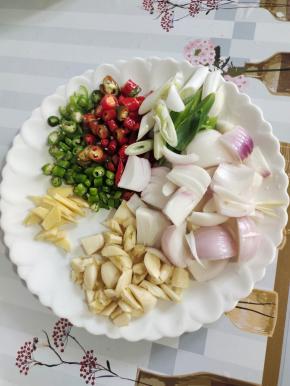 蒜瓣切成小块，生姜切成片，青红尖椒切成小圈儿，洋葱洗净切成小块，大葱切成段备用！