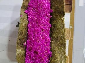 再把调拌好的米饭铺满模具，按压紧实！