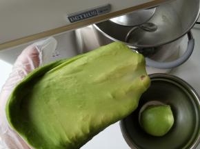 2档打到黄油与面团混合，转4-5档搅打至薄膜状态。打好的面团取出折叠收圆，取一小块检查，扯开较为结实的半透明膜即可。