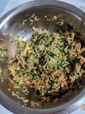 萝卜，胡萝卜削皮切成丝，放入一勺盐翻拌均匀腌制20分钟，挤干水分，切碎，葱，蒜苗洗净切碎，放入一勺盐，一勺鸡精，适量的王守义十三香，适量的香油搅拌均匀调成馅儿备用！