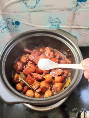 加入一勺盐，翻炒均匀！切记盐不要放的太多，等会收汁儿的时候会越收越咸！