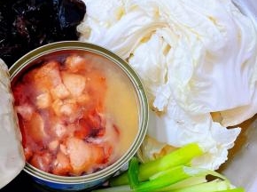 准备原材料大雁肉罐头、白菜、泡发好的木耳、香葱