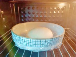 盖上保鲜膜，放入烤箱箱，按发酵模式35度大约一小时左右变成两倍大即可。烤箱下面放一盘热水。