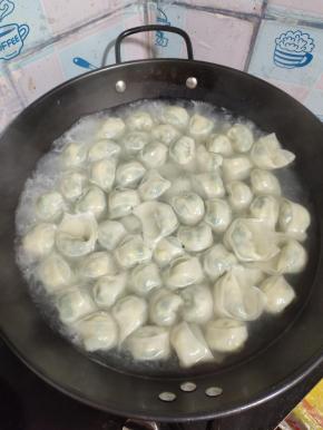 水开，饺子下锅，煮至饺子全部漂浮起来，点少许冷水，再次煮开漂浮起来，饺子就熟了！（韭菜鸡蛋虾皮饺是素馅儿，点一道冷水就可以了！如果是肉馅儿饺子就需要点两道冷水！）