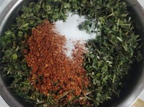 放入一大勺辣椒面和适量的盐！（喜欢吃辣的朋友可以多放一点辣椒面，盐的用量要比平时炒菜稍微咸一点，太淡了容易变质，太咸了发苦不好吃！你可以边放边尝一下味道，适当调整用量！）