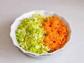 首先将卷心菜，胡萝卜洗净切碎。