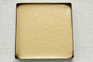 从20厘米高处倒入垫油布的28*28金盘中，晃平或用刮板刮平。提起振2下振出大气泡。