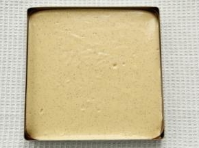 从20厘米高处倒入垫油布的28*28金盘中，晃平或用刮板刮平。提起振2下振出大气泡。