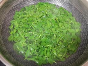 锅里放水烧开，下入苜蓿菜焯水10分钟（苜蓿菜口感比较硬，所以要煮时间长一点）。