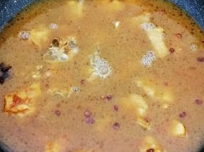 然后加入没过食材的水大火烧开转中火煮三十分钟，剩少许汤汁时，开大火收汁即可