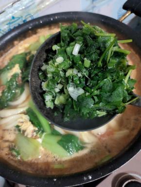 放入适量的葱花和香菜！（葱花和香菜是我提前洗干净，晾干水分，切好放在冰箱冷冻保存着，吃的时候无需解冻，直接起锅的时候取一点，放进去即可！非常的方便！）