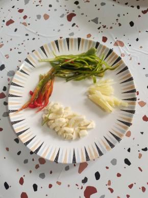 做这个老式的锅包肉，咱们来准备一点配料：蒜瓣拍碎切成小块，生姜削皮切成丝，红甜椒和青辣椒切成丝！（也可以把红甜椒换成胡萝卜，把青椒换成葱丝，香菜段！家里没有买胡萝卜和葱，香菜，只好用红甜椒和青椒来代替了，味道也还不错！）
