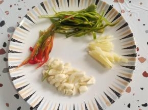 做这个老式的锅包肉，咱们来准备一点配料：蒜瓣拍碎切成小块，生姜削皮切成丝，红甜椒和青辣椒切成丝！（也可以把红甜椒换成胡萝卜，把青椒换成葱丝，香菜段！家里没有买胡萝卜和葱，香菜，只好用红甜椒和青椒来代替了，味道也还不错！）