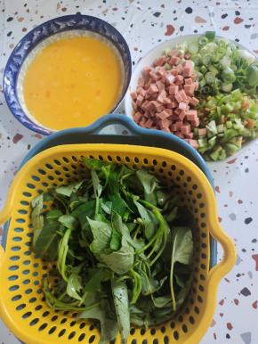 鸡蛋打散，青椒洗净切成小丁，火腿肠切成丁，大葱切成小丁，青菜洗净备用！（青菜可以根据自己的喜好随意搭配，我选择的是薯尖儿！）