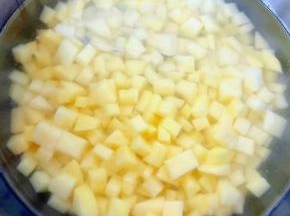 土豆切成小丁放入水中浸泡一会儿去掉多余的淀粉后洗净沥干水份备用