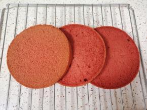 时间到，从烤箱里取出模具(注意烫手)，垂直摔一下震出热气，倒扣在晾网上，凉透之后反过来脱模，将脱模的蛋糕胚分成三片（如图）。 