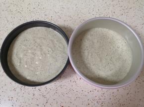 最后将混合好的蛋糕糊从模具的中间开始倒入模具里面，从高处垂直摔几下震出大气泡。 