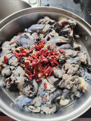 干辣椒切成段，放在乌鸡中！