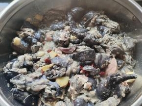 放入乌鸡翻炒至，乌鸡变色，水分炒干！