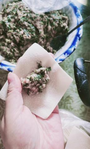 取一张饺子皮，放入一勺肉馅儿！