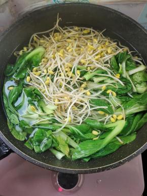 水烧开，放入黄豆芽焯水一分钟左右，再放入小青菜！