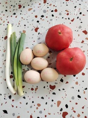 准备好所需的食材:
鸡蛋5个，西红柿2个，大葱一根！