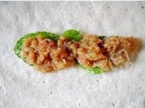 薄荷叶上放牛肉末。