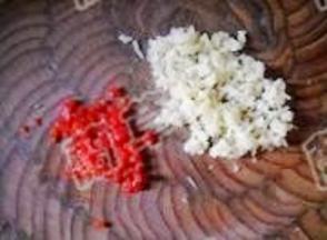 生姜和红椒洗净切细粒备用。